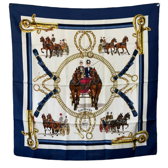 Hermès HERMES  "EQUIPAGES" Carre 90cm Square Silk Scarf Navy - Picture 15 of 16